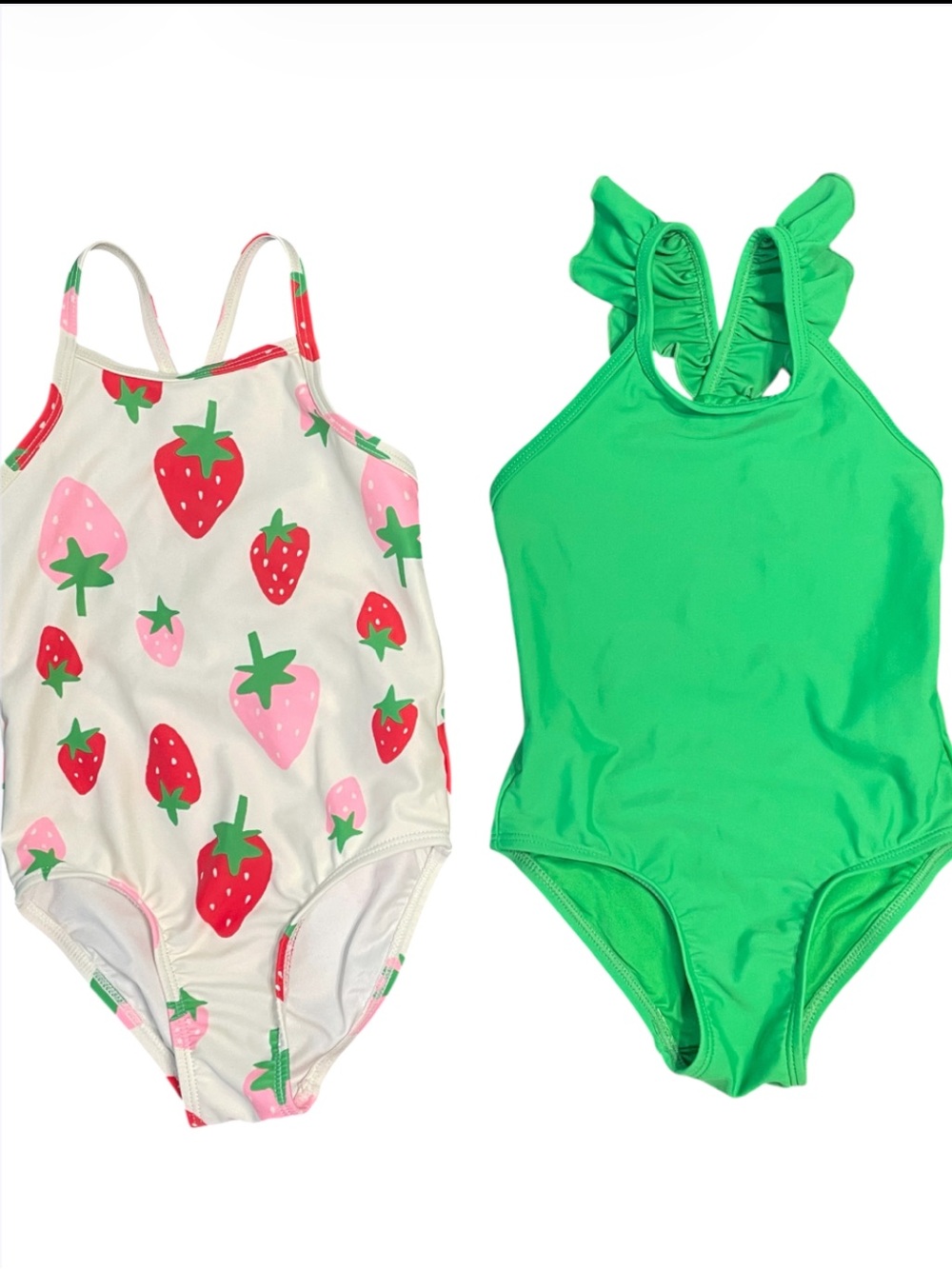 Old Navy Girls Set of 2 Swimsuits Green Ruffle & Strawberry Print One piece Set
